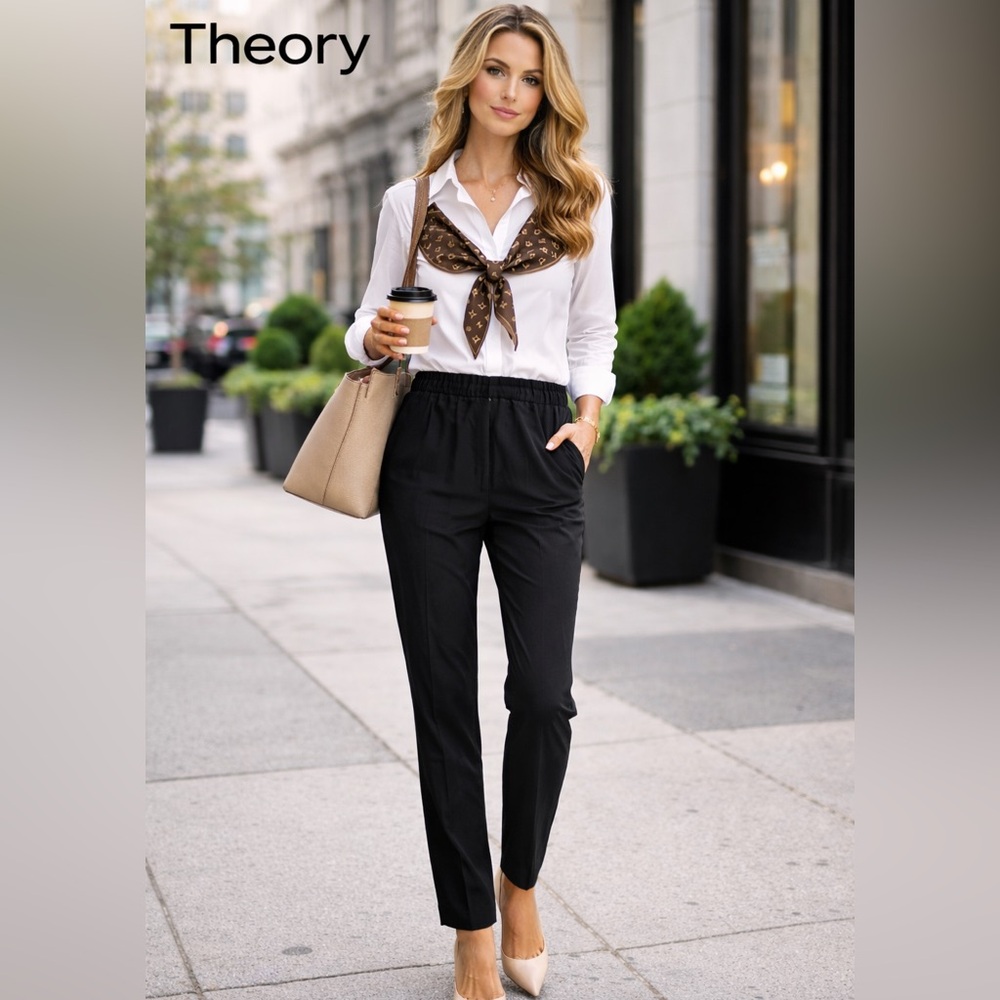 Theory,Eco-Crunch Wash, Pull-On Tailored Trouser Black Minimalist Pant,Size 4